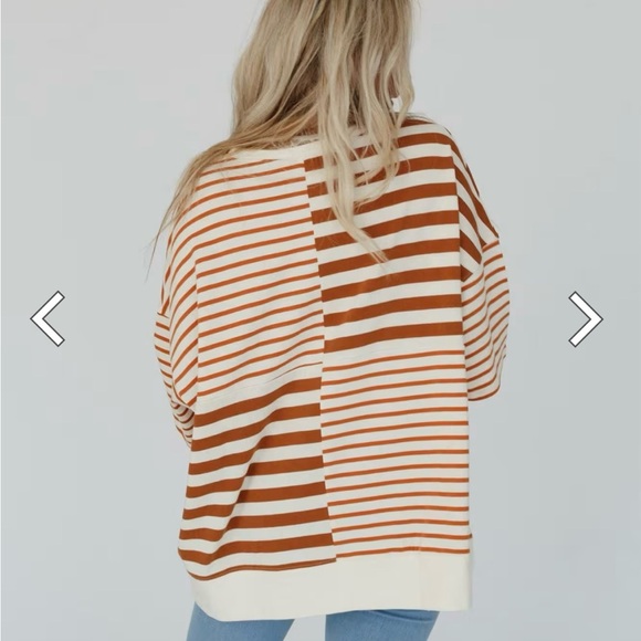 NWT Three Bird Nest Cream and Brown Striped Button-Down Shirt - Picture 2 of 4